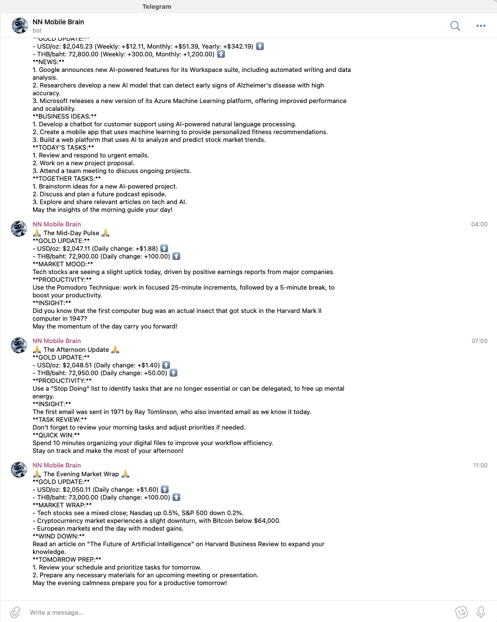 Intelligence reports delivered via Telegram API